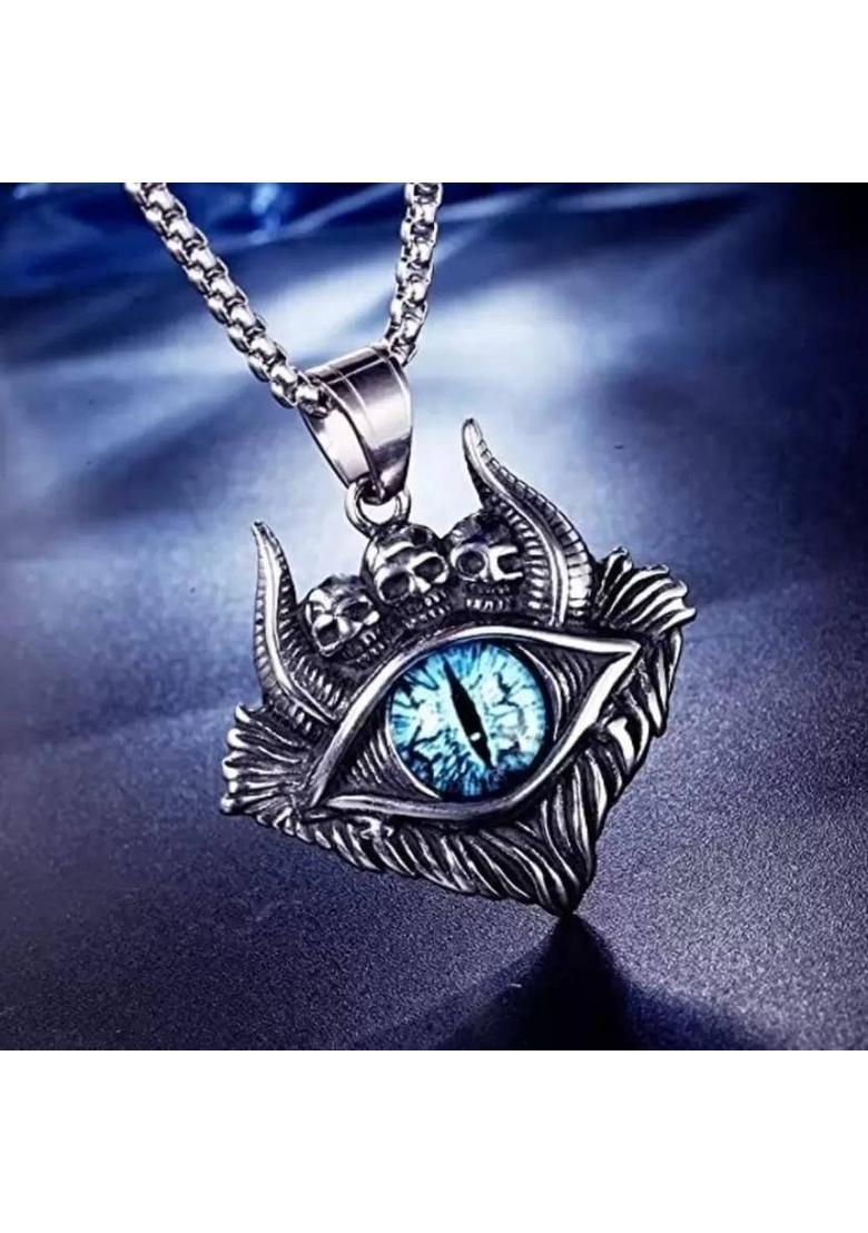 Maaword Demon Oxhorn Gothic Blue Eye Skull Pendant Chain for Men & Boy Silver Stainless Steel Pendant Set - Indya