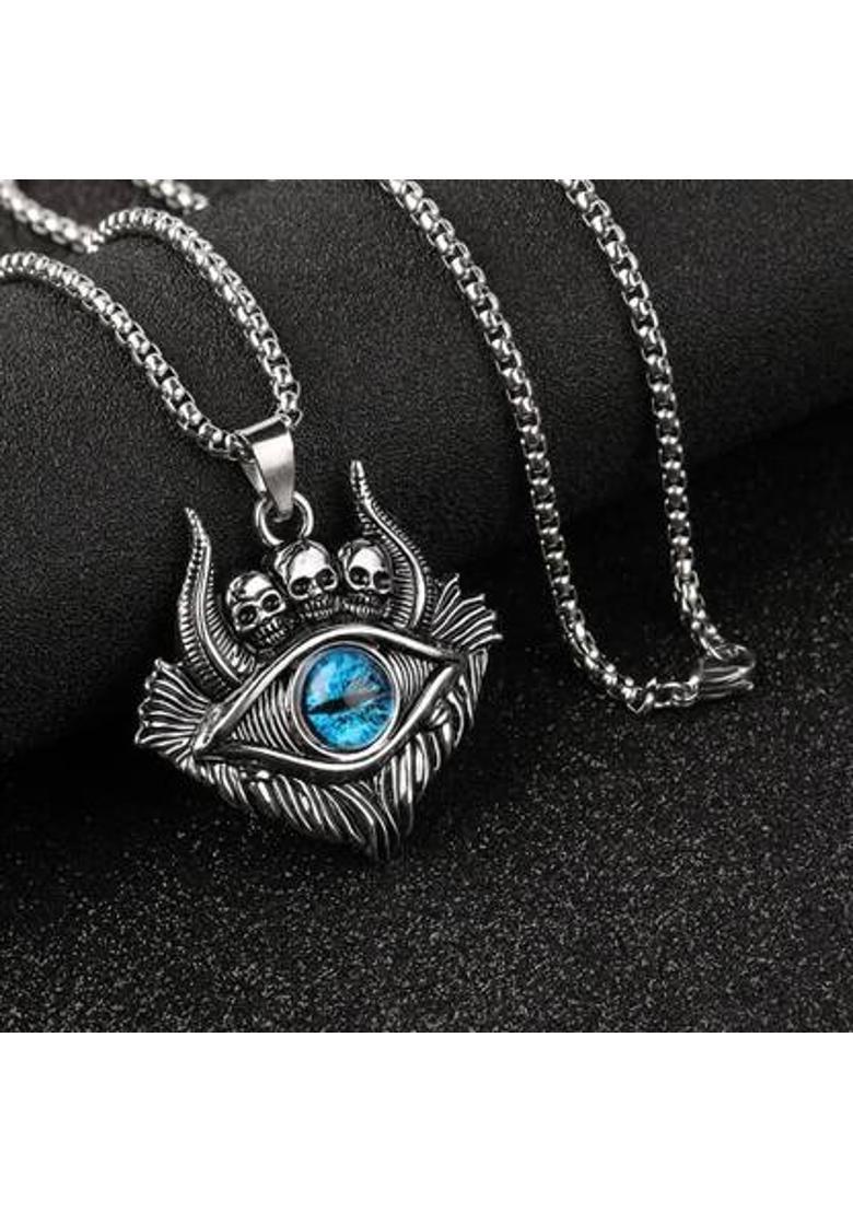 Maaword Demon Oxhorn Gothic Blue Eye Skull Pendant Chain for Men & Boy Silver Stainless Steel Pendant Set - Indya