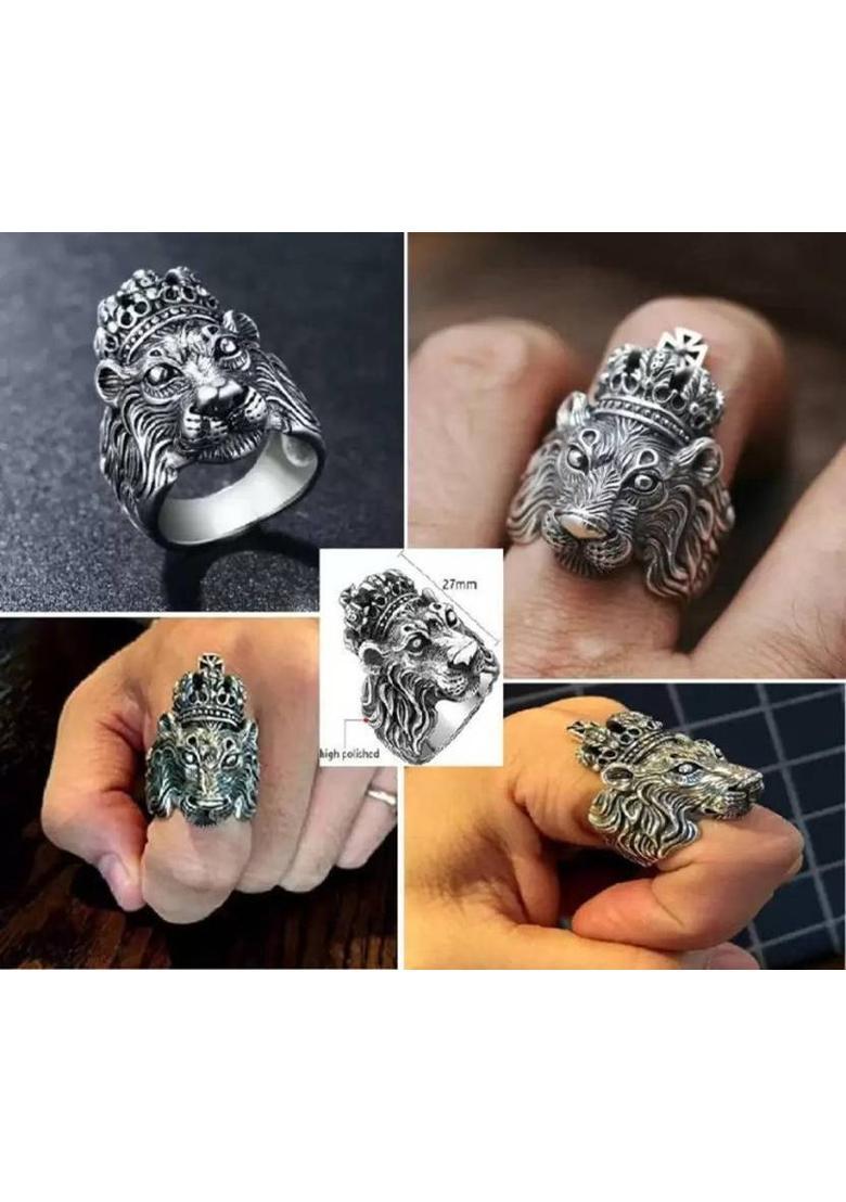 Lion Ring & Evil Eye Ring for Women & Men, Club/Party/Biker/Office Ring-COMBO Stainless Steel Silver Plated Ring - Indya