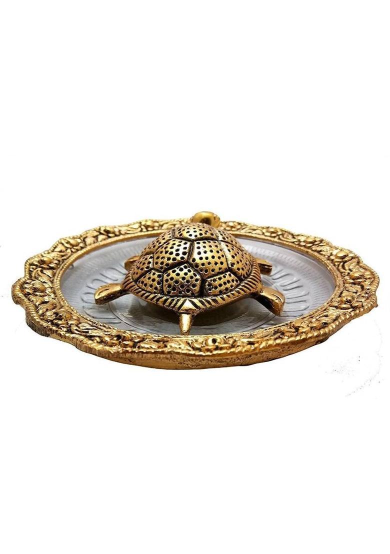 Neo Classic Tortoise with Glass Plate Wish Fulfilling Feng Shui Golden Turtle Vastu Item Decorative Showpiece - 3.5 cm&nbsp;&nbsp;(Aluminium, Glass, Gold) - Indya