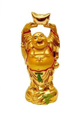 Feng Shui Art Vastu / Laughing Buddha With Money Ingot For Health , Wealth And Good Luck Decorative Showpiece - 11 cm&nbsp;&nbsp;(Polyresin, Gold)