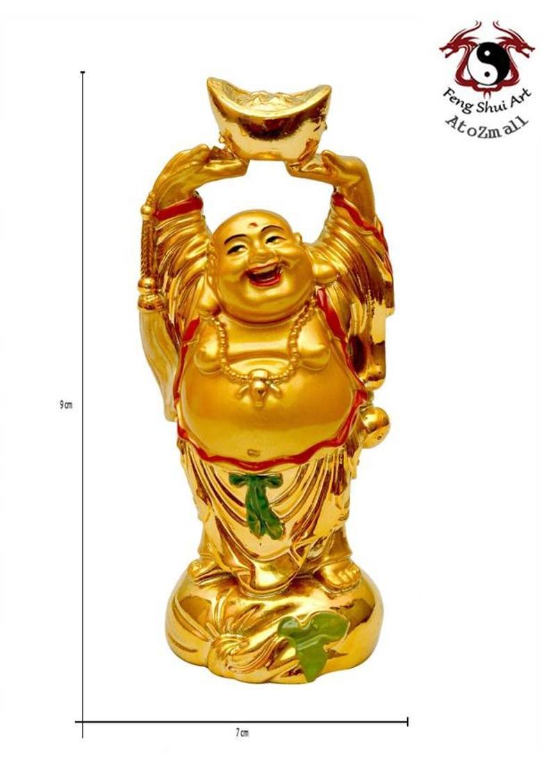 Feng Shui Art Vastu / Laughing Buddha With Money Ingot For Health , Wealth And Good Luck Decorative Showpiece - 11 cm&nbsp;&nbsp;(Polyresin, Gold) - Indya