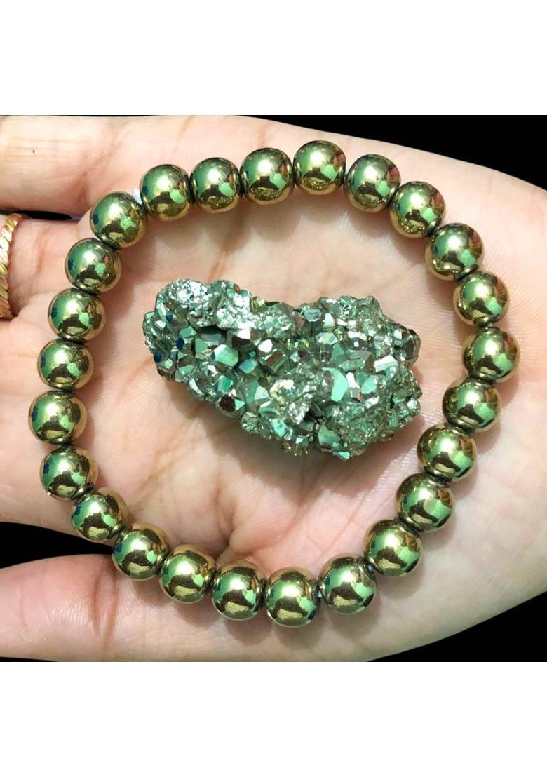 VIBESLE Combo of Pyrite Rough 40-50 Gram and Pyrite Bracelet Healing/Vastu/Gifts, Decorative Showpiece - 10 cm&nbsp;&nbsp;(Stone, Gold) - Indya