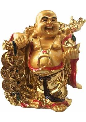 PPJ Laughing Buddha (5 Inch x 4.5 Inch) Holding Money Bag & Chinese Ingot (UMBRELLA) Laughing Buddha for Health, Wealth & Prosperity Feng Shui Vastu Decorative Showpiece - 11 cm&nbsp;&nbsp;(Polyresin, Multicolor)