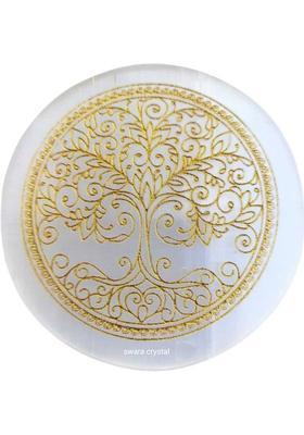 SWARACRYSTAL Tree Symbol Selenite Plate Crystal Charging Plate Flower of Life Decorative Showpiece - 8 cm&nbsp;&nbsp;(Crystal, White, Gold)