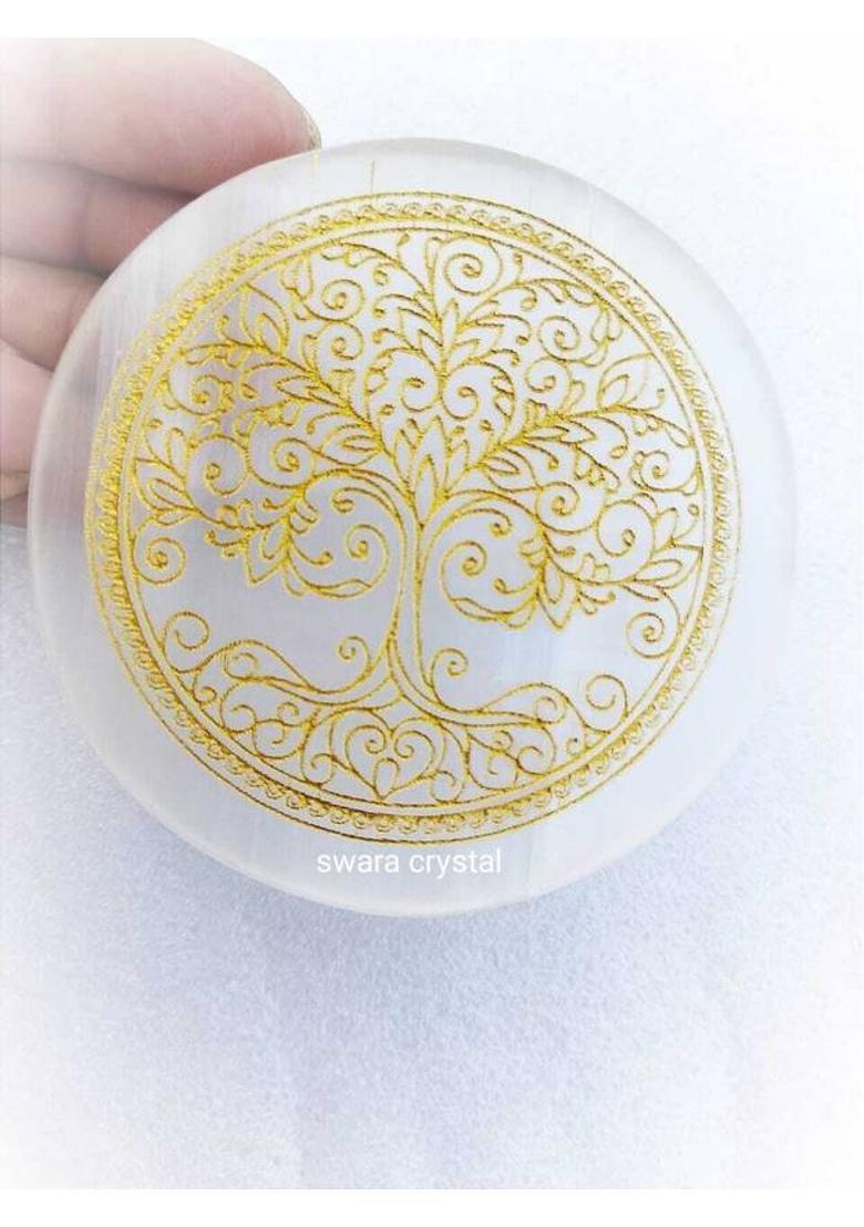 SWARACRYSTAL Tree Symbol Selenite Plate Crystal Charging Plate Flower of Life Decorative Showpiece - 8 cm&nbsp;&nbsp;(Crystal, White, Gold) - Indya