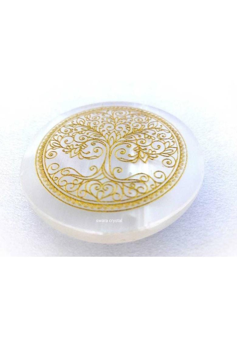 SWARACRYSTAL Tree Symbol Selenite Plate Crystal Charging Plate Flower of Life Decorative Showpiece - 8 cm&nbsp;&nbsp;(Crystal, White, Gold) - Indya