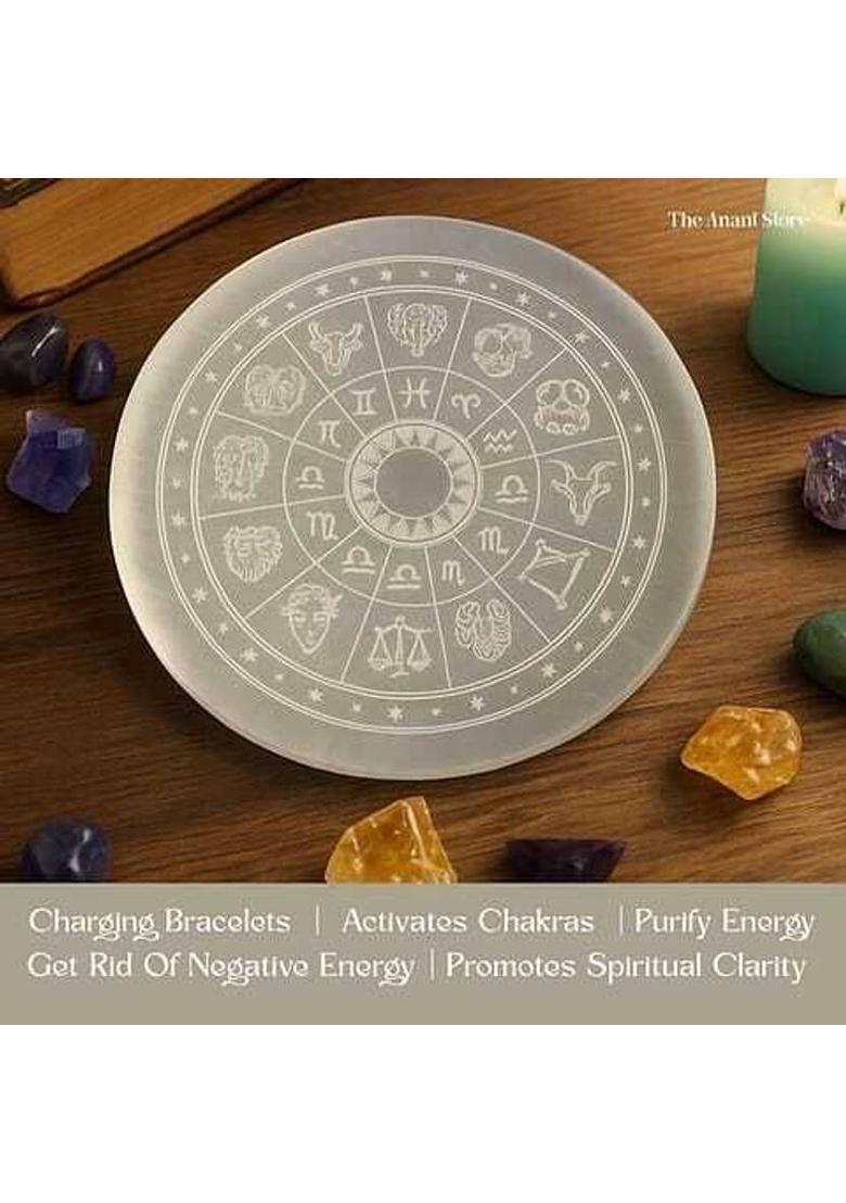 Spyronix real treasure Selenite Zodiac Charging Plate – Crystal Energy Cleanser & Zodiac Healing Disc Decorative Showpiece - 8 cm&nbsp;&nbsp;(Stone, White) - Indya