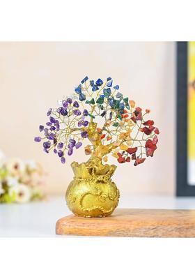 UNIQESCRYSTAL 7 Chakra Feng Shui Golden Money Bag Base Tree for Wealth,Home Decor Decorative Showpiece - 20 cm&nbsp;&nbsp;(Crystal, Multicolor)