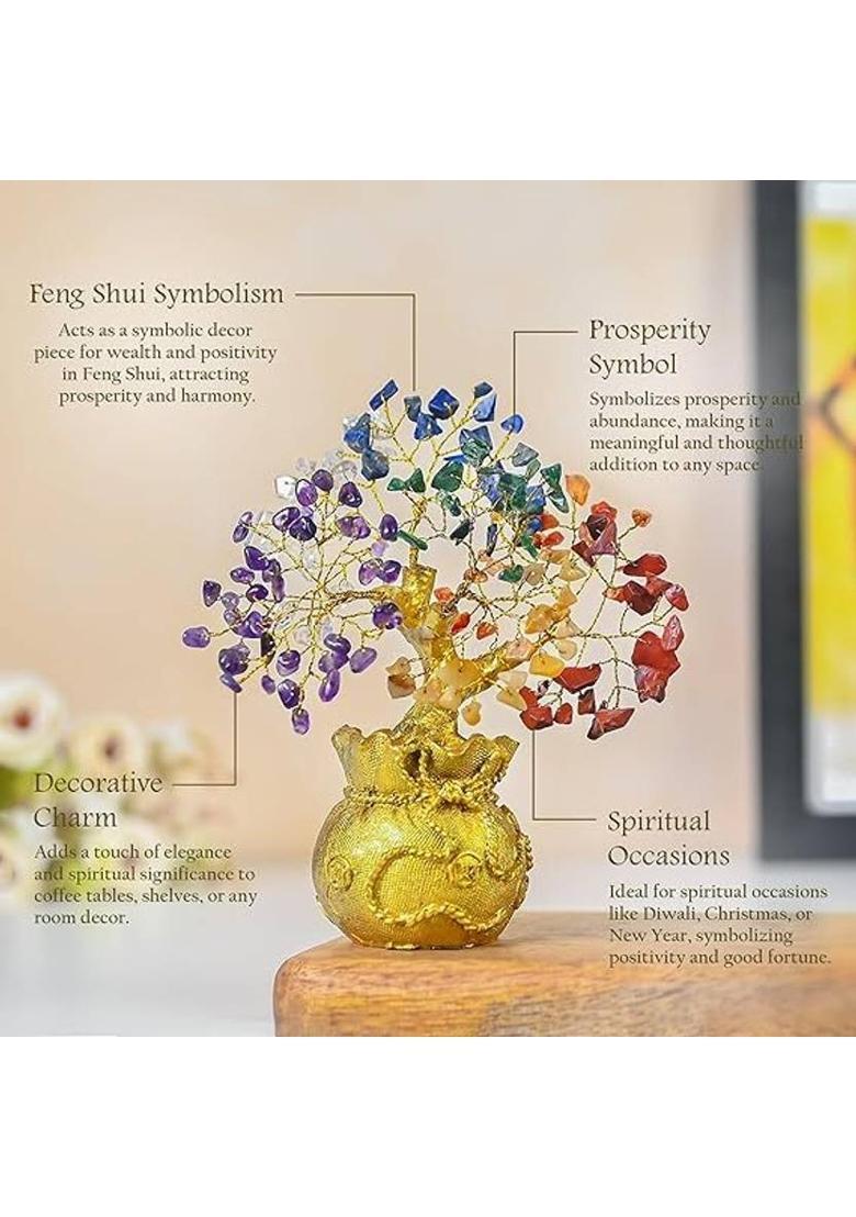 UNIQESCRYSTAL 7 Chakra Feng Shui Golden Money Bag Base Tree for Wealth,Home Decor Decorative Showpiece - 20 cm&nbsp;&nbsp;(Crystal, Multicolor) - Indya