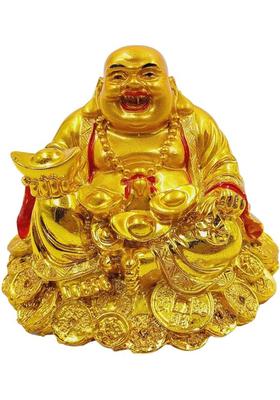 Kanha Enterprises Feng Shui Laughing Buddha Sitting on Coin for Home, Office, Gifting Good Luck Decorative Showpiece - 6 cm&nbsp;&nbsp;(Resin, Gold)