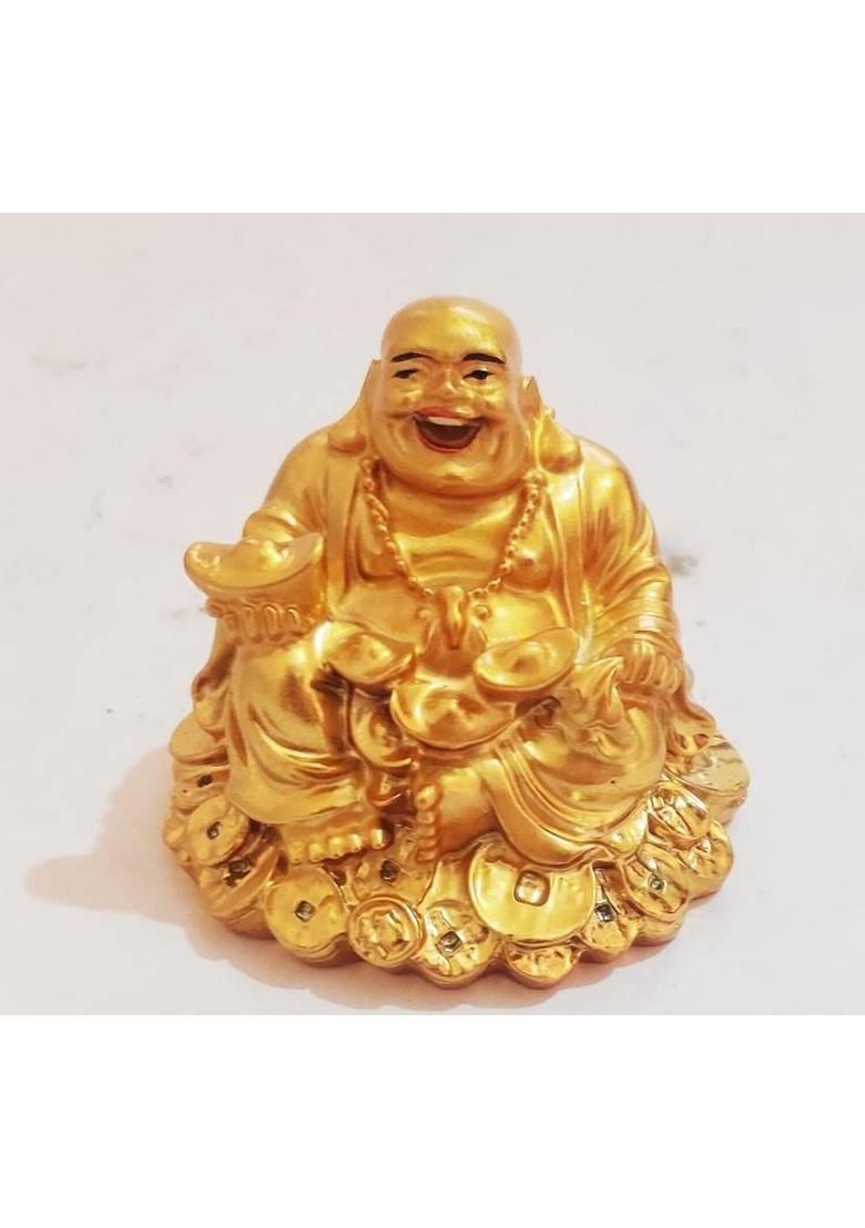 Kanha Enterprises Feng Shui Laughing Buddha Sitting on Coin for Home, Office, Gifting Good Luck Decorative Showpiece - 6 cm&nbsp;&nbsp;(Resin, Gold) - Indya
