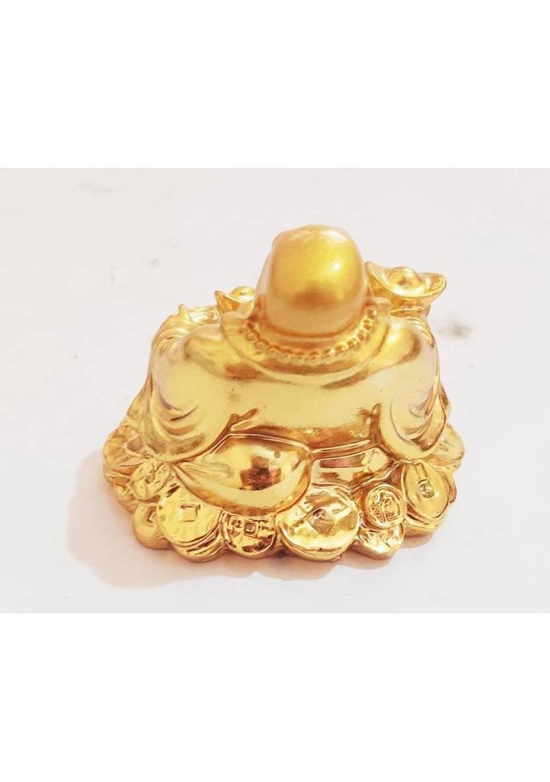 Kanha Enterprises Feng Shui Laughing Buddha Sitting on Coin for Home, Office, Gifting Good Luck Decorative Showpiece - 6 cm&nbsp;&nbsp;(Resin, Gold) - Indya