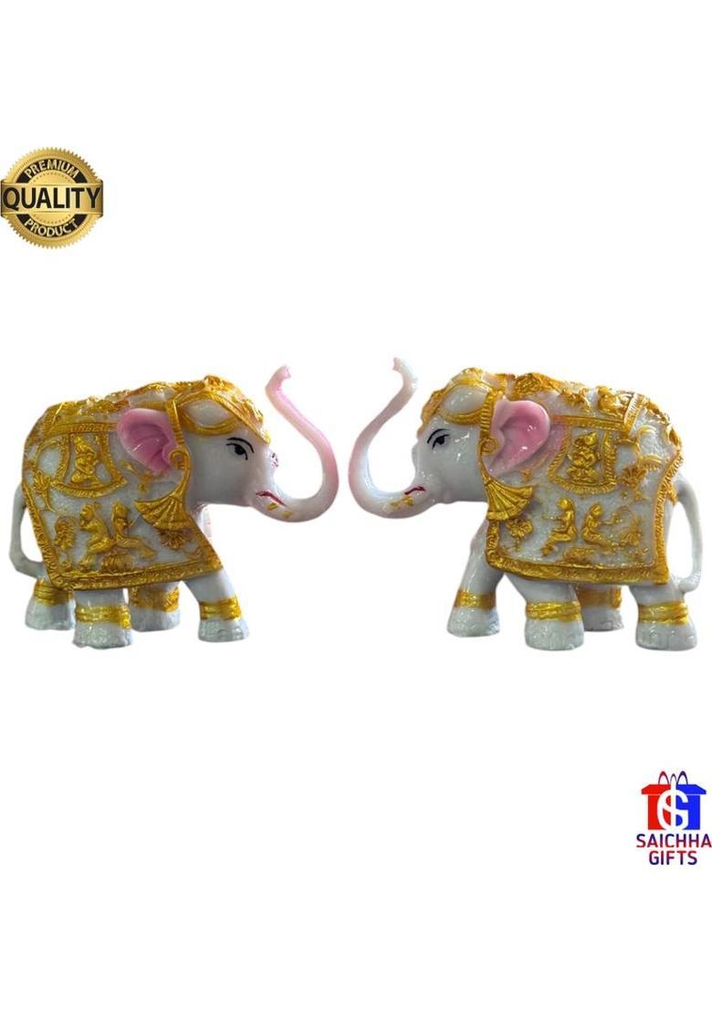 Saichha Gifts Handicraft Marble Gajlaxmi Elephant Pair for Home Decor Decorative Showpiece - 8 cm&nbsp;&nbsp;(Marble, Gold, White) - Indya