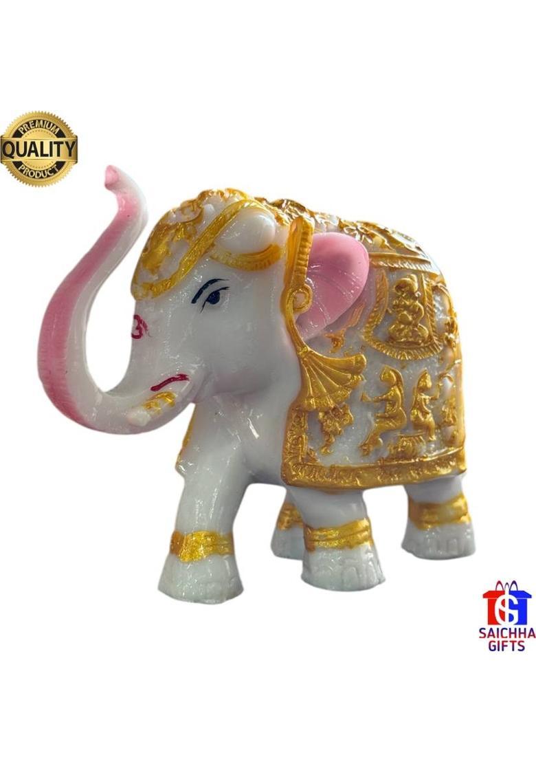 Saichha Gifts Handicraft Marble Gajlaxmi Elephant Pair for Home Decor Decorative Showpiece - 8 cm&nbsp;&nbsp;(Marble, Gold, White) - Indya