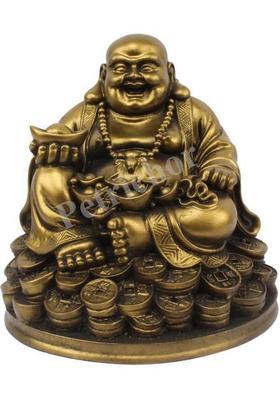 PETRICHOR Laughing Buddha Sitting on Luck Money Coins carrying Golden Ingot Decorative Showpiece - 12.7 cm&nbsp;&nbsp;(Polyresin, Gold)