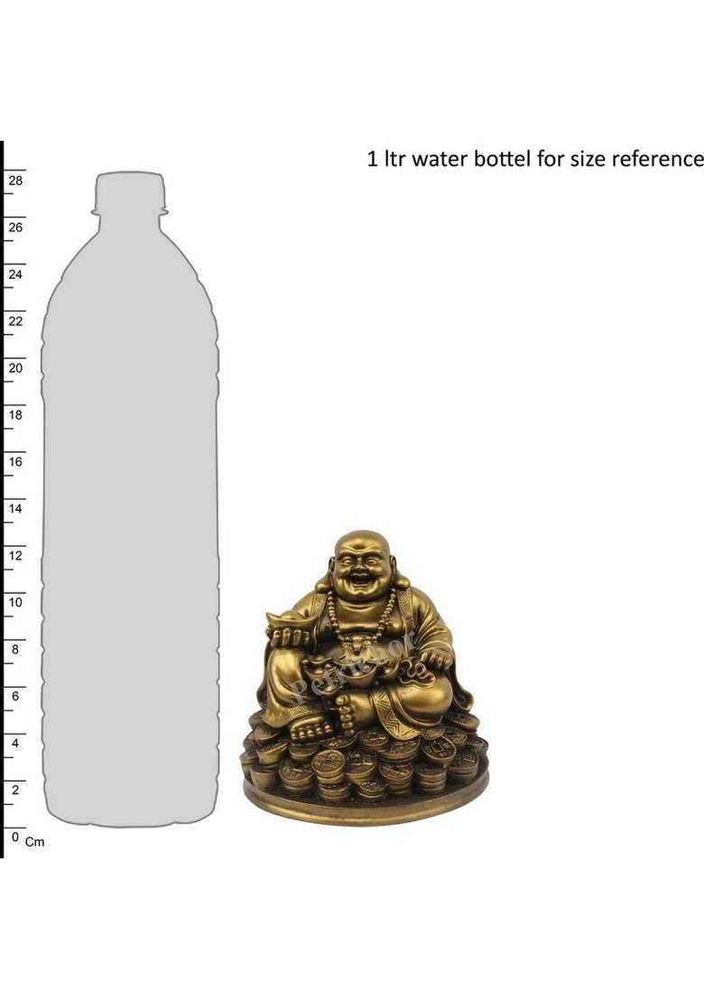 PETRICHOR Laughing Buddha Sitting on Luck Money Coins carrying Golden Ingot Decorative Showpiece - 12.7 cm&nbsp;&nbsp;(Polyresin, Gold) - Indya