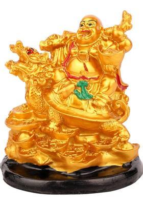 Craft World Feng Shui Laughing Buddha on Dragon Tortoise Bed of Lucky Coins For Home Office Decorative Showpiece - 16 cm&nbsp;&nbsp;(Polyresin, Gold)