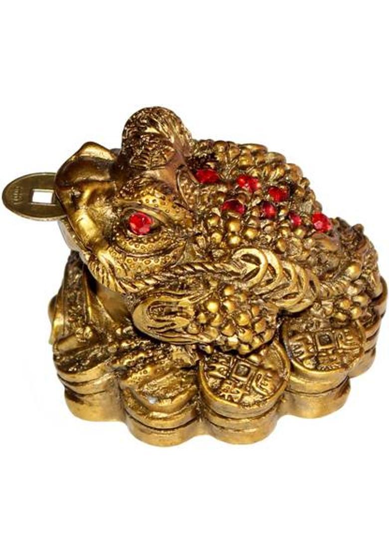 9tees Mart / Vastu / Feng Shui / Three Legged Frog With Coin For Health Wealth And Happiness Decorative Showpiece - 5 cm&nbsp;&nbsp;(Polyresin, Gold) - Indya