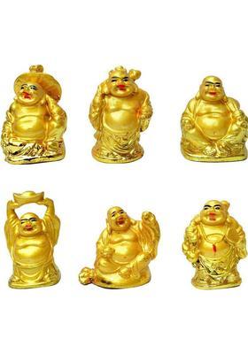 Feng Shui Art Vastu / Golden Set Of Laughing Buddha 6 Pc Set / 6 different Poses Set for Health, Wealth and happyness Decorative Showpiece - 5 cm&nbsp;&nbsp;(Polyresin, Gold)