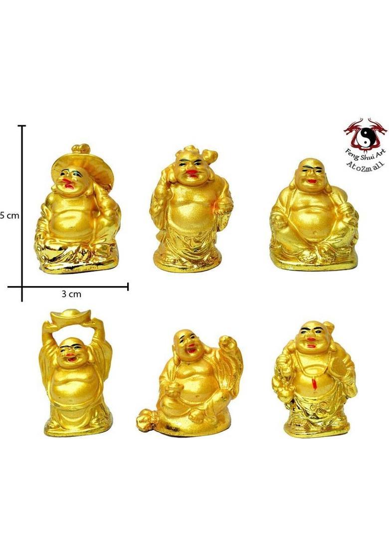 Feng Shui Art Vastu / Golden Set Of Laughing Buddha 6 Pc Set / 6 different Poses Set for Health, Wealth and happyness Decorative Showpiece - 5 cm&nbsp;&nbsp;(Polyresin, Gold) - Indya