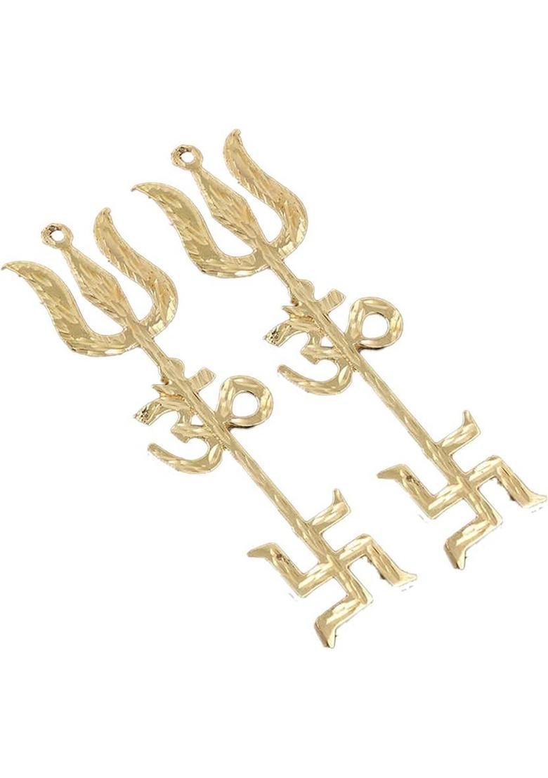 Prabhu Bhakti Trishakti Yantra Brass ( (Swastik Om Trishul Yantra)Evil Eye Hanging for Home Wall /Door/Work Place/Office-Buri Nazar-Buri Drishti-Nagetive Energies Protector (gold) Decorative Showpiece - 14 cm&nbsp;&nbsp;(Brass, Gold) - Indya