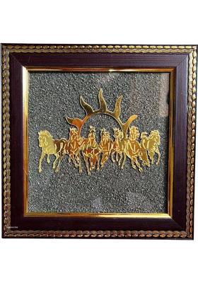 Agatesvibe Golden 7 Horses with Sun Natural Raw Pyrite Frame Decorative Showpiece - 18.5 cm&nbsp;&nbsp;(Wood, Brown)