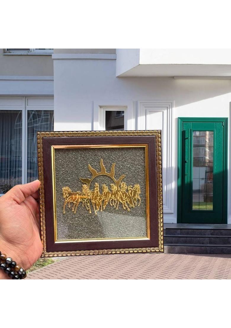 Agatesvibe Golden 7 Horses with Sun Natural Raw Pyrite Frame Decorative Showpiece - 18.5 cm&nbsp;&nbsp;(Wood, Brown) - Indya