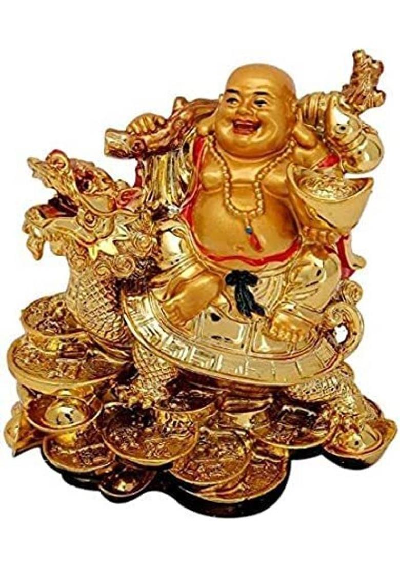 GiftnGlory Vastu/Feng Shui Laughing Buddha on Dragon Decorative Showpiece - 17.5 cm&nbsp;&nbsp;(Polyresin, Gold) - Indya