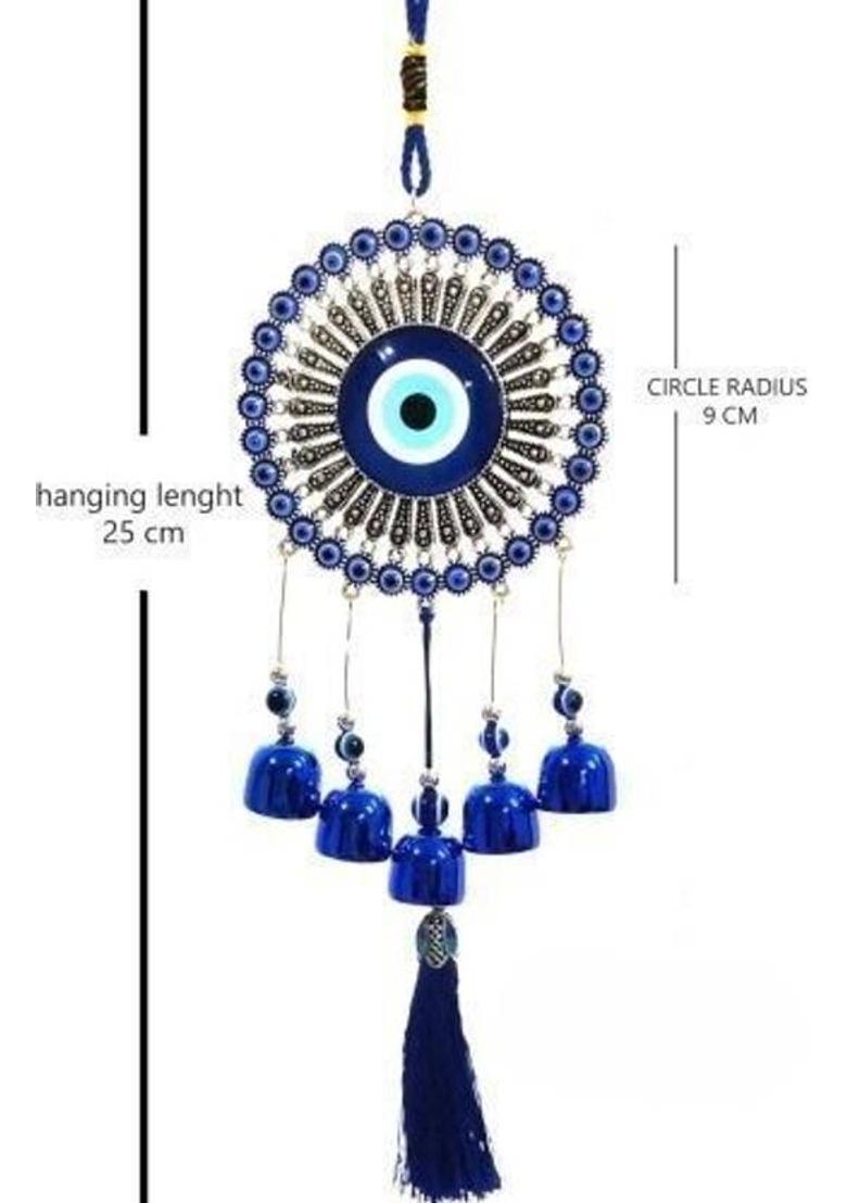 Divine Creations 5-Bell Evil Eye Wind Chime - Classic Design Hanging Ornament for Balcony Decorative Showpiece - 30 cm&nbsp;&nbsp;(Metal, Blue) - Indya