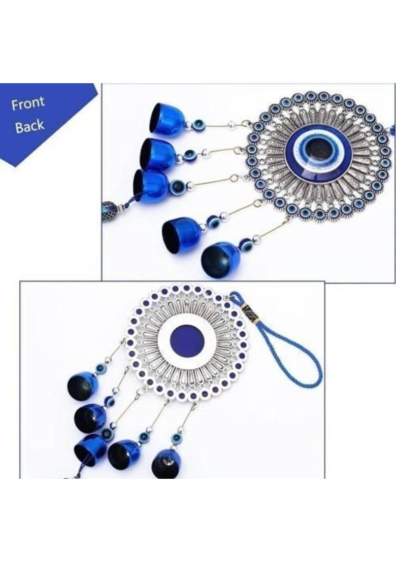 Divine Creations 5-Bell Evil Eye Wind Chime - Classic Design Hanging Ornament for Balcony Decorative Showpiece - 30 cm&nbsp;&nbsp;(Metal, Blue) - Indya