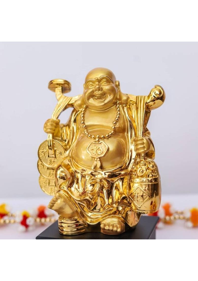 krishnagallery1 G Gold Plated & with Wooden Base Feng Shui Laughing Buddha , Love Couple Decorative Showpiece - 26 cm&nbsp;&nbsp;(Gold Plated, White, Gold) - Indya