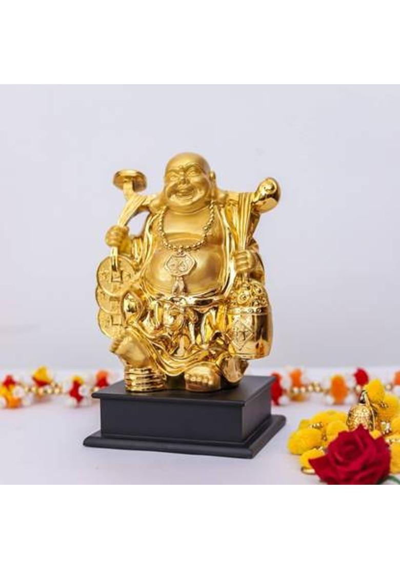 krishnagallery1 G Gold Plated & with Wooden Base Feng Shui Laughing Buddha , Love Couple Decorative Showpiece - 26 cm&nbsp;&nbsp;(Gold Plated, White, Gold) - Indya