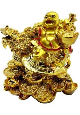 FOBHIYA Feng Shui Laughing Buddha Sitting On Dragon for Health, Wealth and Happiness, Good Luck Decorative Showpiece for Good Fortune, Success & Prosperity (Polyresin, Gold) Decorative Showpiece - 7.5 cm&nbsp;&nbsp;(Polyresin, Gold)