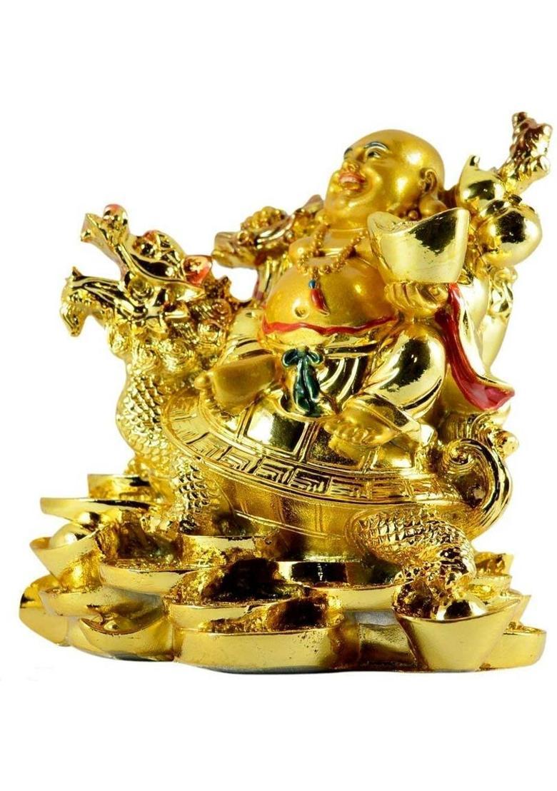 FOBHIYA Feng Shui Laughing Buddha Sitting On Dragon for Health, Wealth and Happiness, Good Luck Decorative Showpiece for Good Fortune, Success & Prosperity (Polyresin, Gold) Decorative Showpiece - 7.5 cm&nbsp;&nbsp;(Polyresin, Gold) - Indya