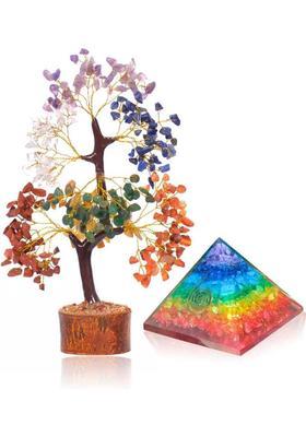 VIBESLE Combo of Seven Chakra Crystal Tree & 7 Chakra Orgone Orgonite Pyramid Money Tree Decorative Showpiece - 25 cm&nbsp;&nbsp;(Stone, Multicolor)