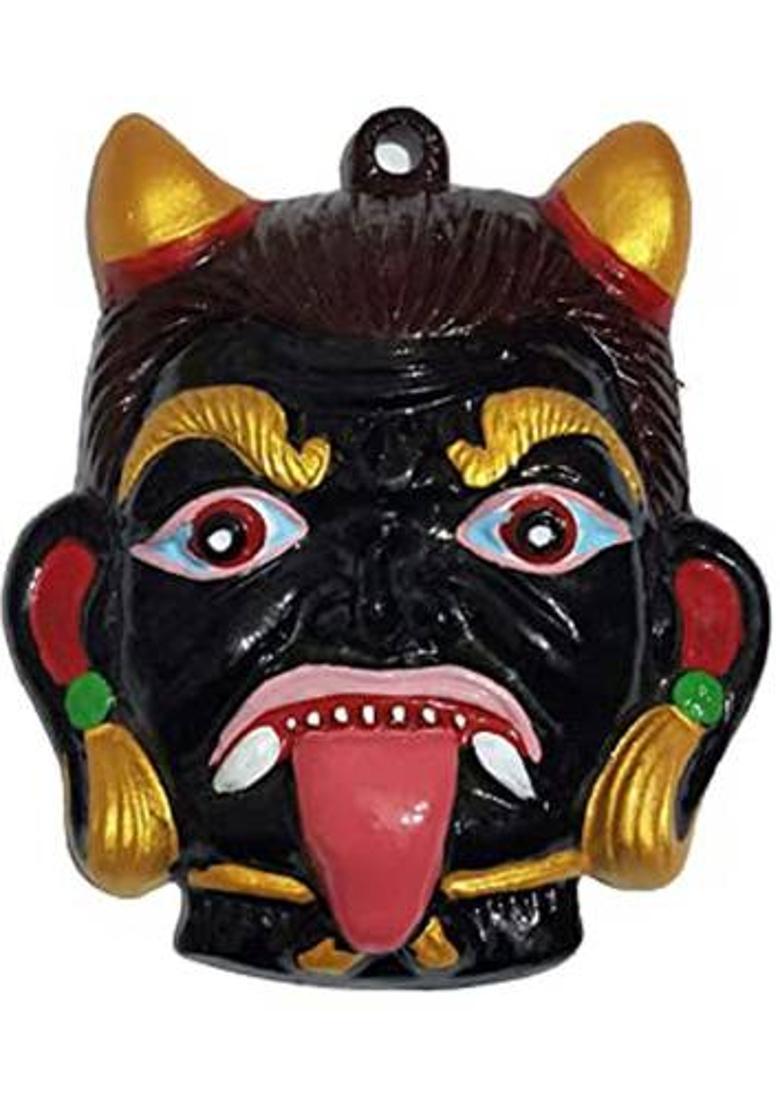 Dev Samagri Metal Black Nazar Battu Wall Hanging Face Mask Protection from Evil Eyes Decorative Showpiece - 14 cm&nbsp;&nbsp;(Metal, Black) - Indya