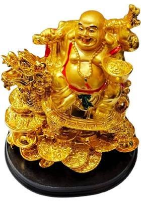 Handcrafted Laughing Buddha on Dragon Tortoise for Health, Wealth & Prosperity Decorative Showpiece - 7 cm&nbsp;&nbsp;(Polyresin, Gold)