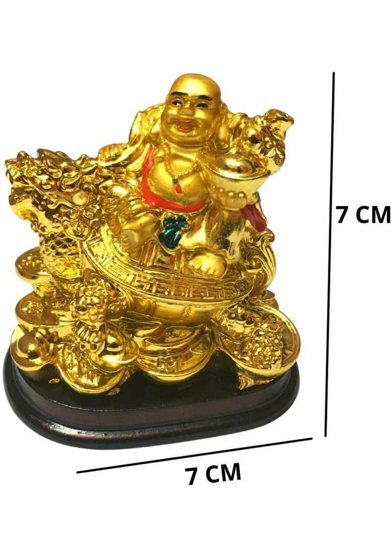 Handcrafted Laughing Buddha on Dragon Tortoise for Health, Wealth & Prosperity Decorative Showpiece - 7 cm&nbsp;&nbsp;(Polyresin, Gold) - Indya
