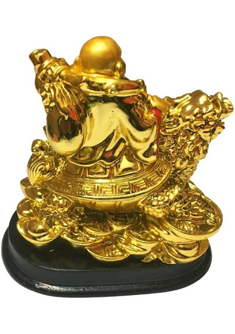 Handcrafted Laughing Buddha on Dragon Tortoise for Health, Wealth & Prosperity Decorative Showpiece - 7 cm&nbsp;&nbsp;(Polyresin, Gold) - Indya