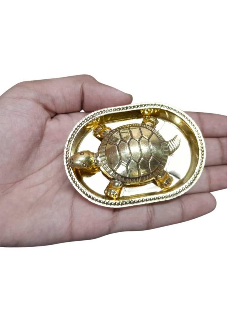 Extreme Karigari Brass Feng Shui Vastu Tortoise with Plate Idol Decorative Showpiece - 1 cm&nbsp;&nbsp;(Brass, Gold) - Indya