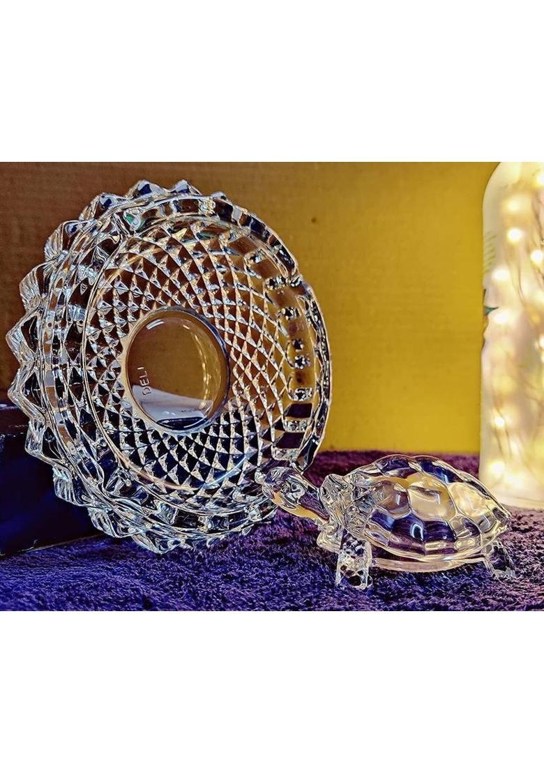 Divine Creations Crystal tortoise with a round plate for Vastu is a great addition to your home Decorative Showpiece - 12 cm&nbsp;&nbsp;(Glass, White) - Indya