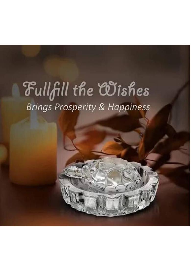 Divine Creations Crystal tortoise with a round plate for Vastu is a great addition to your home Decorative Showpiece - 12 cm&nbsp;&nbsp;(Glass, White) - Indya