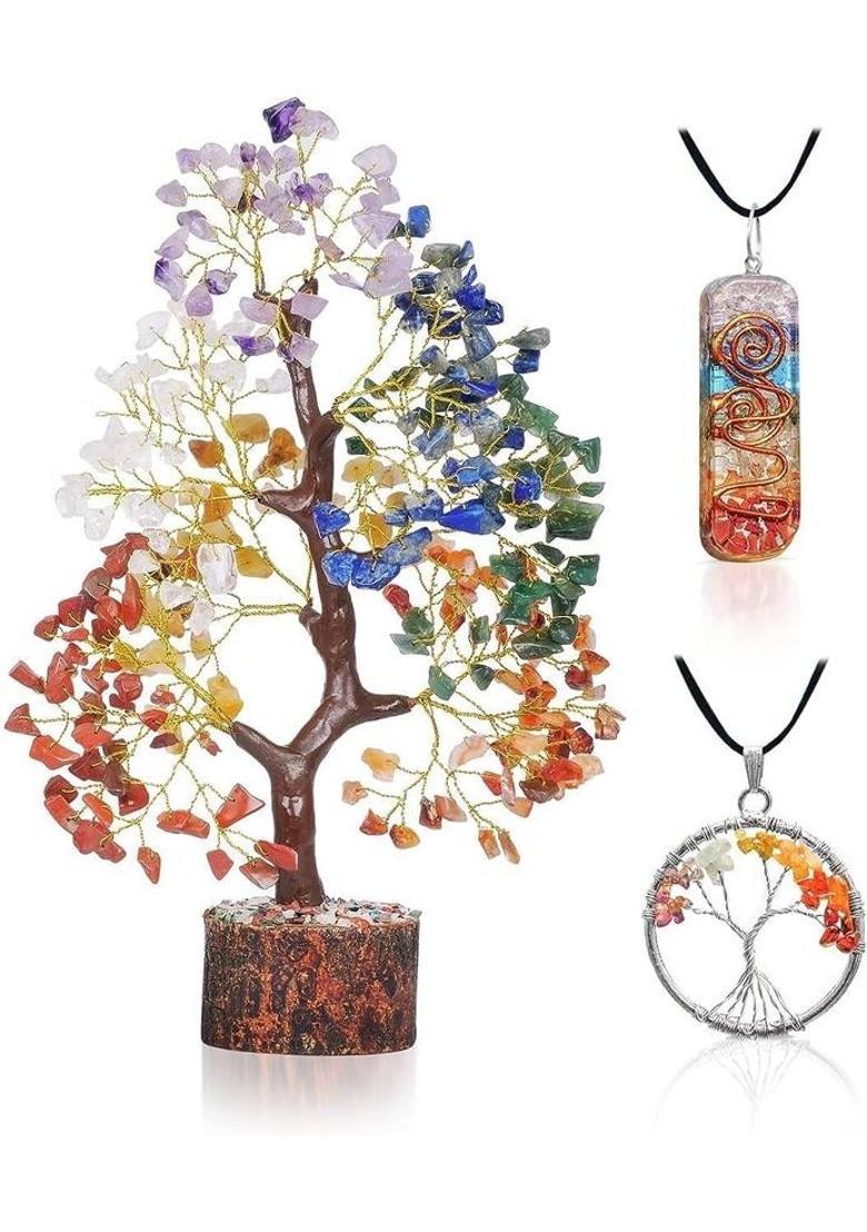 VIBESLE Chakra Tree of Life - Crystal Tree for Positive Energy - Seven Chakra Tree Decorative Showpiece - 25 cm&nbsp;&nbsp;(Stone, Multicolor) - Indya