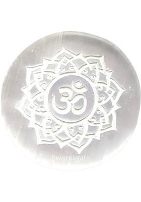 Swara Agate Selenite Charging Plate Engraved Symbol for Reiki Healing and Fengshui (om) Decorative Showpiece - 8 cm&nbsp;&nbsp;(Stone, White)