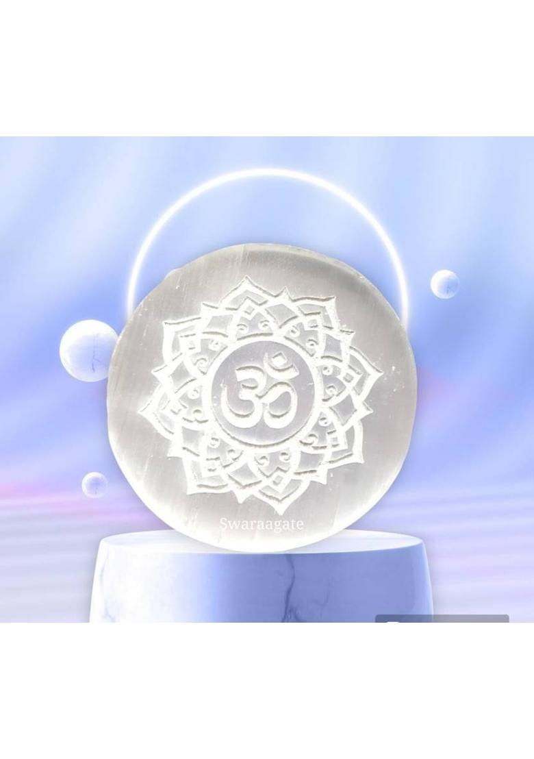 Swara Agate Selenite Charging Plate Engraved Symbol for Reiki Healing and Fengshui (om) Decorative Showpiece - 8 cm&nbsp;&nbsp;(Stone, White) - Indya