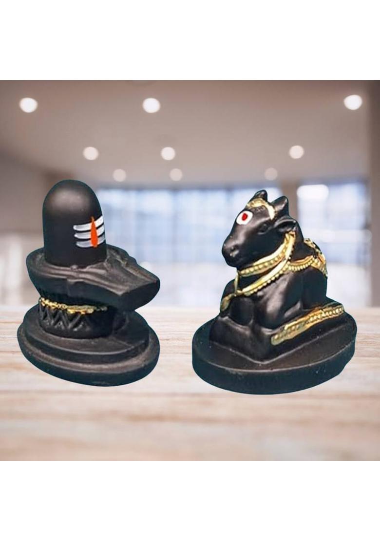 DARIDRA BHANJAN Shivling Nandi Maharaj Combo Idol Black Shivalingam for Worship Decorative Showpiece - 6 cm&nbsp;&nbsp;(Resin, Black) - Indya