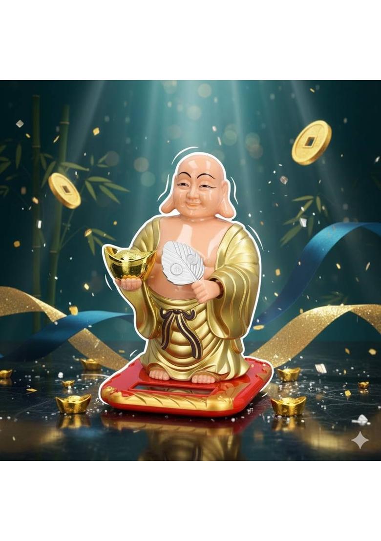 Elegant Lifestyle Solar Laughing Buddha Feng-Shui, Positive Energy, Money Luck, Prosperity, Wealth Decorative Showpiece - 10 cm&nbsp;&nbsp;(Plastic, Gold) - Indya
