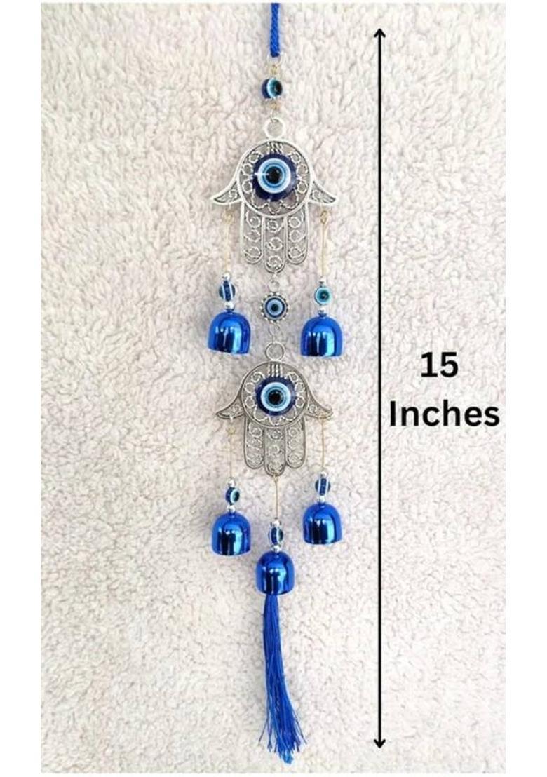 Arun double hand 5 bell evil eye wind chime Decorative Showpiece - 38 cm&nbsp;&nbsp;(Metal, Blue, Silver) - Indya