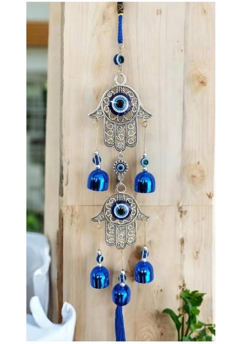 Arun double hand 5 bell evil eye wind chime Decorative Showpiece - 38 cm&nbsp;&nbsp;(Metal, Blue, Silver) - Indya